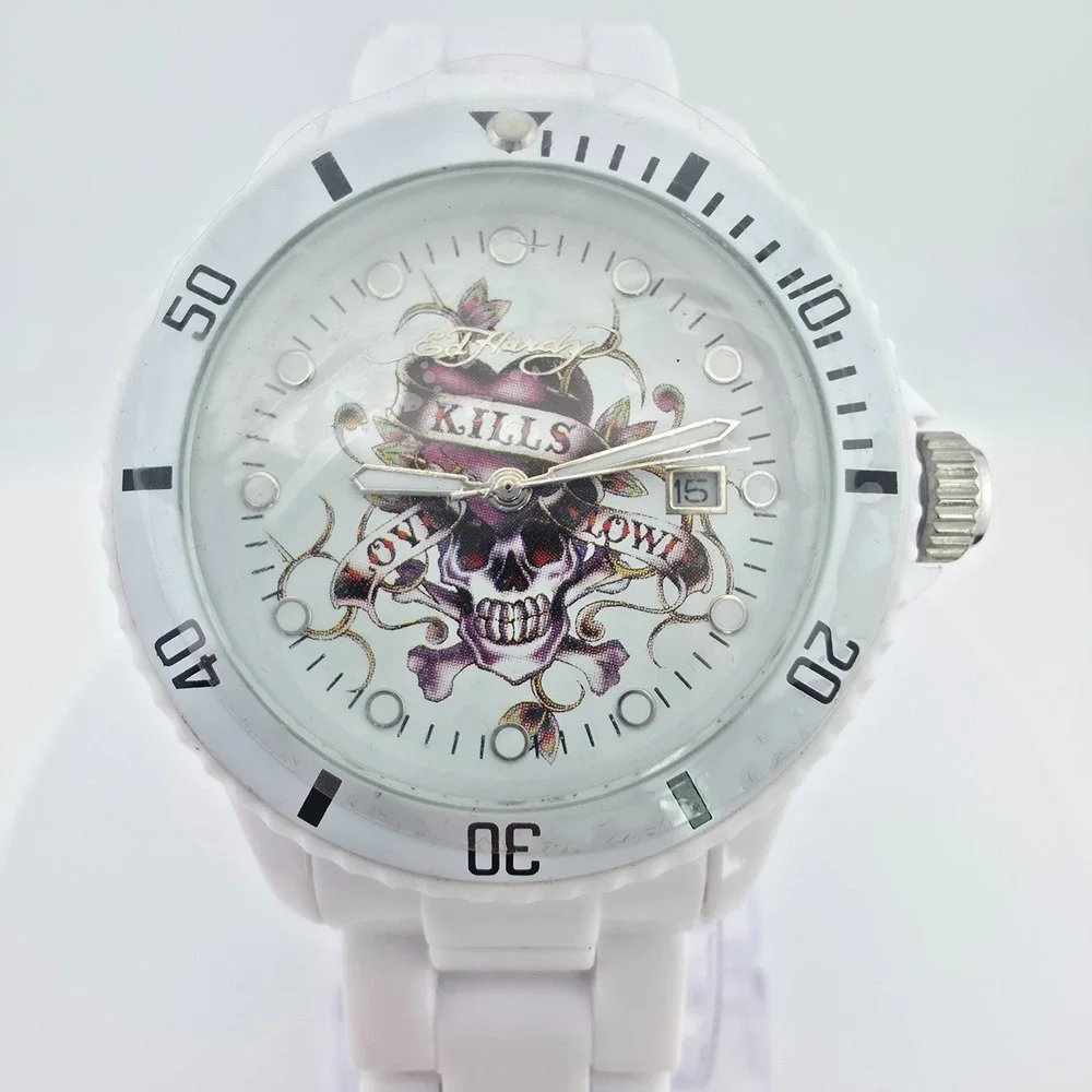 New! ED HARDY VIP Men's Watch Skull Tattoo Unidirectional Bezel White Band 8.75